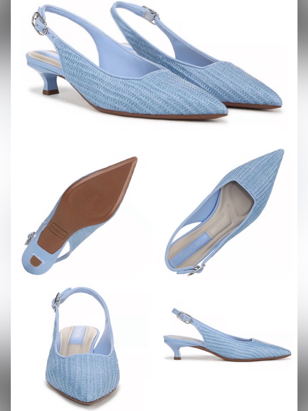 Franco Sarto Marlow Slingback Kitten Heels Denim Blue Raffia 6W Wide NWOT